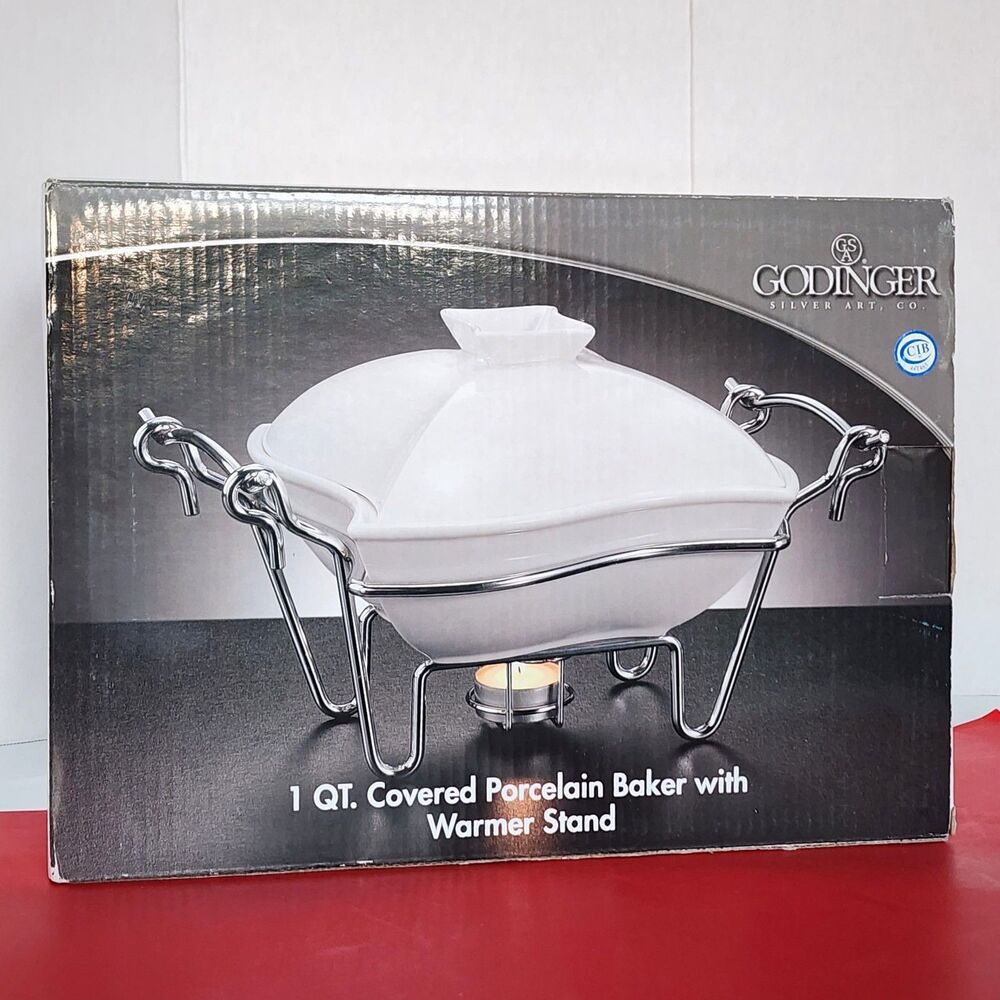 Godinger Covered Porcelain Baker w Warmer Stand 1 Quart New